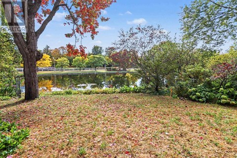 A park with a lake and trees with autumn leaves.