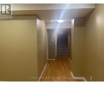 A hallway with a light on the ceiling and a door at the end.