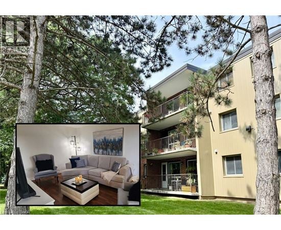 A modern two-story apartment building with a balcony and a living room with a couch and a coffee table.