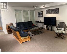 A living room with a black sofa and a TV.