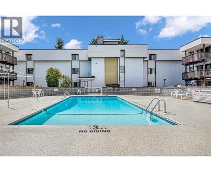 A swimming pool in front of a building with a sign that says "No Diving".