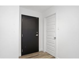 A black door with a silver handle is on the left and a white door with a silver handle is on the right.