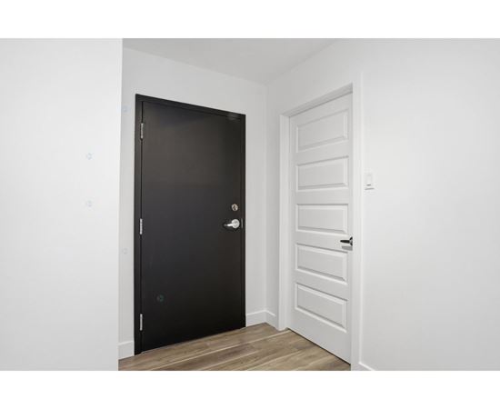 A black door with a silver handle is on the left and a white door with a silver handle is on the right.