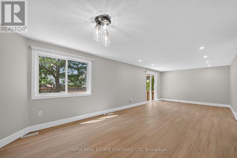 A room with wooden floors and a window showing trees outside.