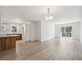 A spacious room with wooden flooring and white walls.