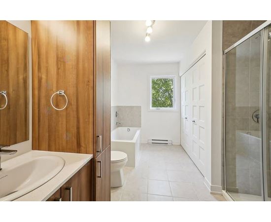 A bathroom with a white toilet and a shower with a glass door.