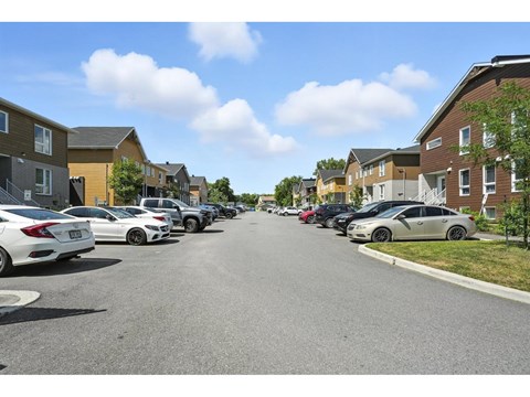 A row of cars parked on a street in front of apartment buildings.
