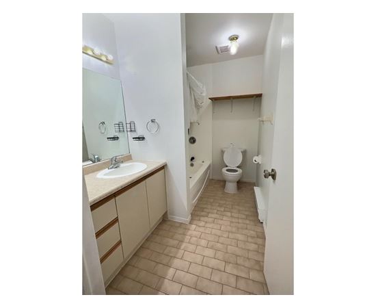 A bathroom with a toilet, sink, and mirror.