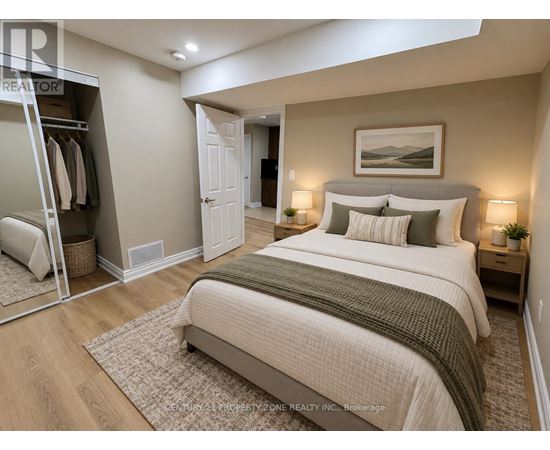 A bedroom with a large bed and a wardrobe.