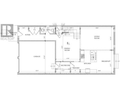 A floor plan of a house with a garage, living room, dining room, kitchen, breakfast area, and a powder room.