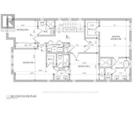 A second floor plan of a home with four bedrooms and a shared ensuite bathroom.