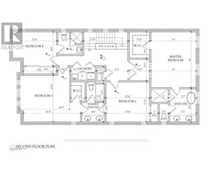 A second floor plan of a home with four bedrooms and a shared ensuite bathroom.