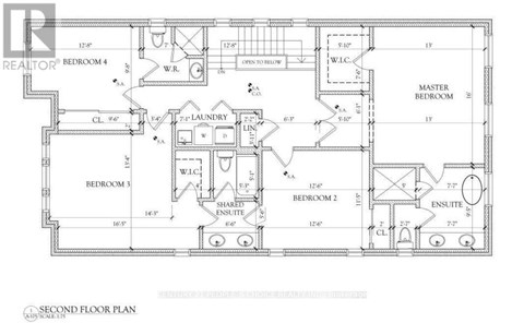 A second floor plan of a home with four bedrooms and a shared ensuite bathroom.