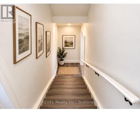 A hallway with a potted plant and pictures on the wall.
