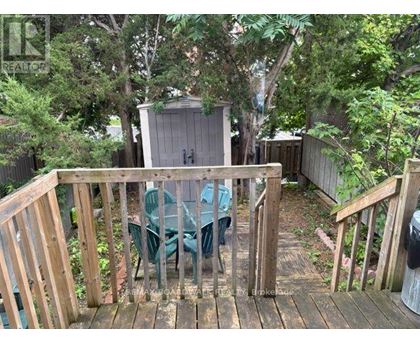 A wooden deck with a table and chairs is surrounded by greenery.