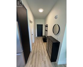 A hallway with a wooden floor and a black door.