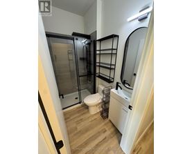 A bathroom with a walk in shower and a toilet.