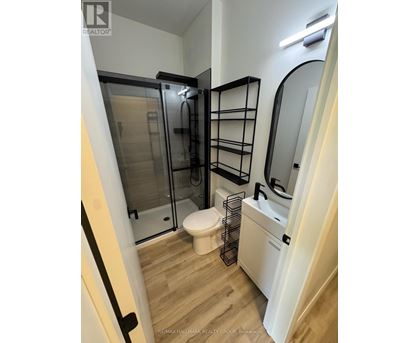 A bathroom with a walk in shower and a toilet.