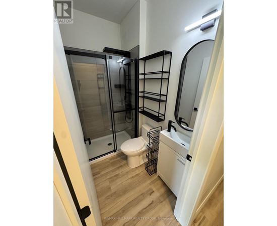 A bathroom with a walk in shower and a toilet.