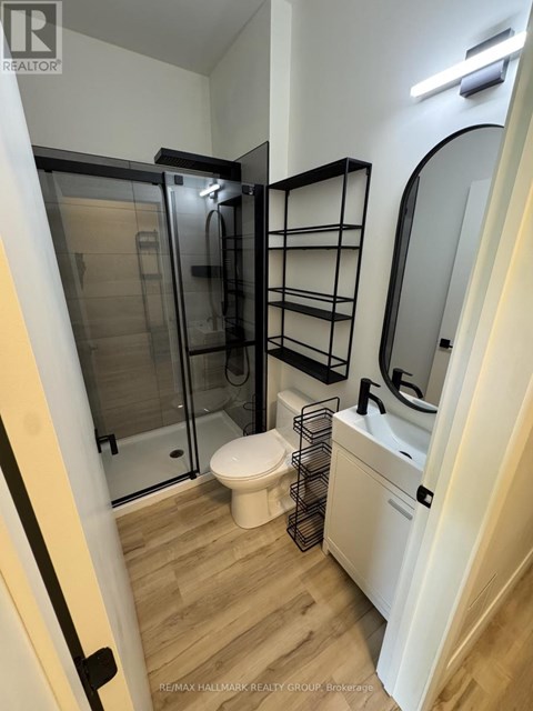 A bathroom with a walk in shower and a toilet.