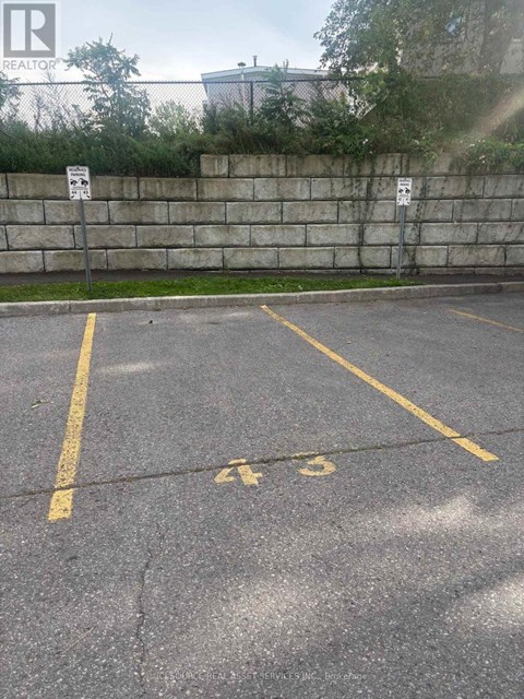 A parking lot with the numbers 43 and 44 painted on the pavement.