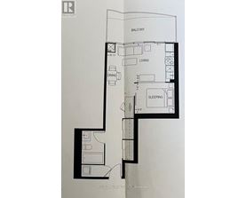 A floor plan of a condo unit with a balcony, living room, dining room, and sleeping area.