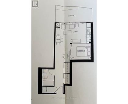 A floor plan of a condo unit with a balcony, living room, dining room, and sleeping area.