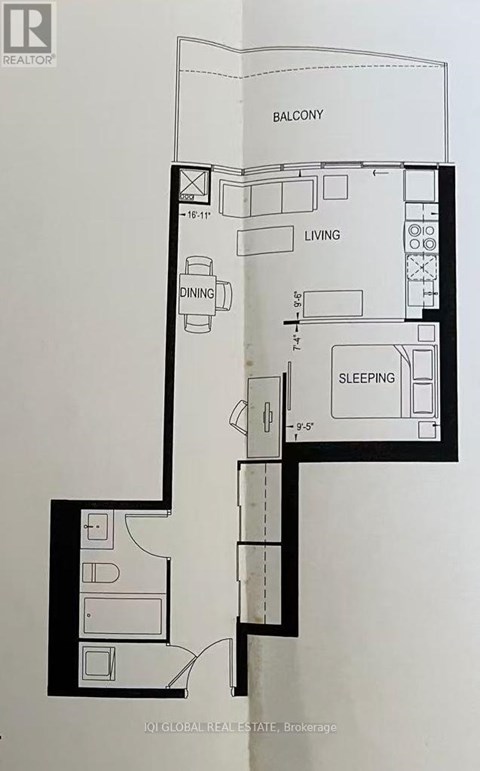 A floor plan of a condo unit with a balcony, living room, dining room, and sleeping area.