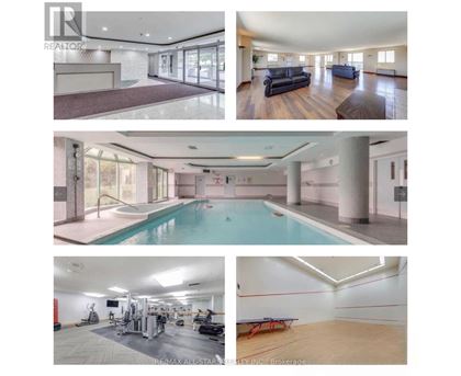 A collage of images showcasing a spacious living room, a pool, a gym, and a dining area.
