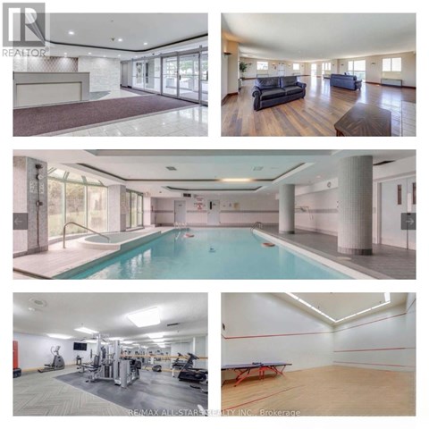 A collage of images showcasing a spacious living room, a pool, a gym, and a dining area.