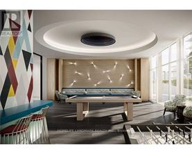 A modern living room with a curved ceiling and a long sofa.