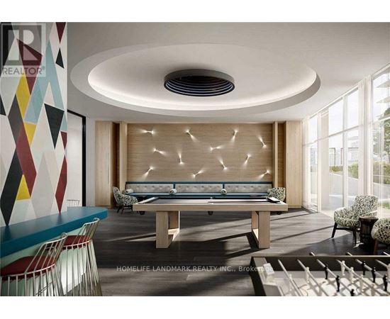 A modern living room with a curved ceiling and a long sofa.