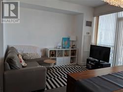 A living room with a grey couch and a black and white striped rug.