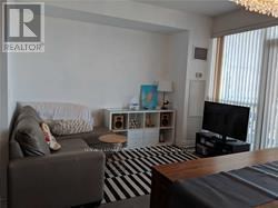 A living room with a grey couch and a black and white striped rug.