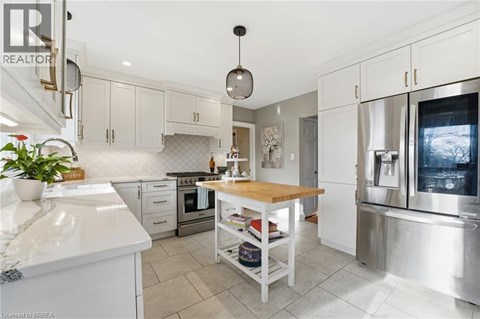 A modern kitchen with white cabinets and stainless steel appliances.