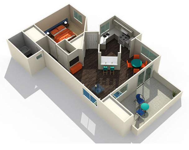 1x1 floor plan at Luxe at Ocotillo 742 square feet