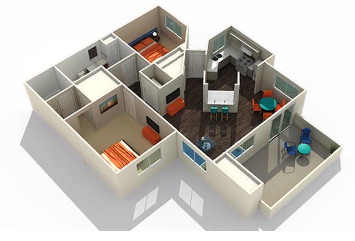 2x2 floor plan at Luxe at Ocotillo 978 square feet