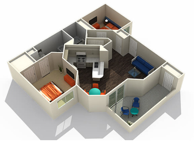 2x2 floor plan at Luxe at Ocotillo 977 square feet