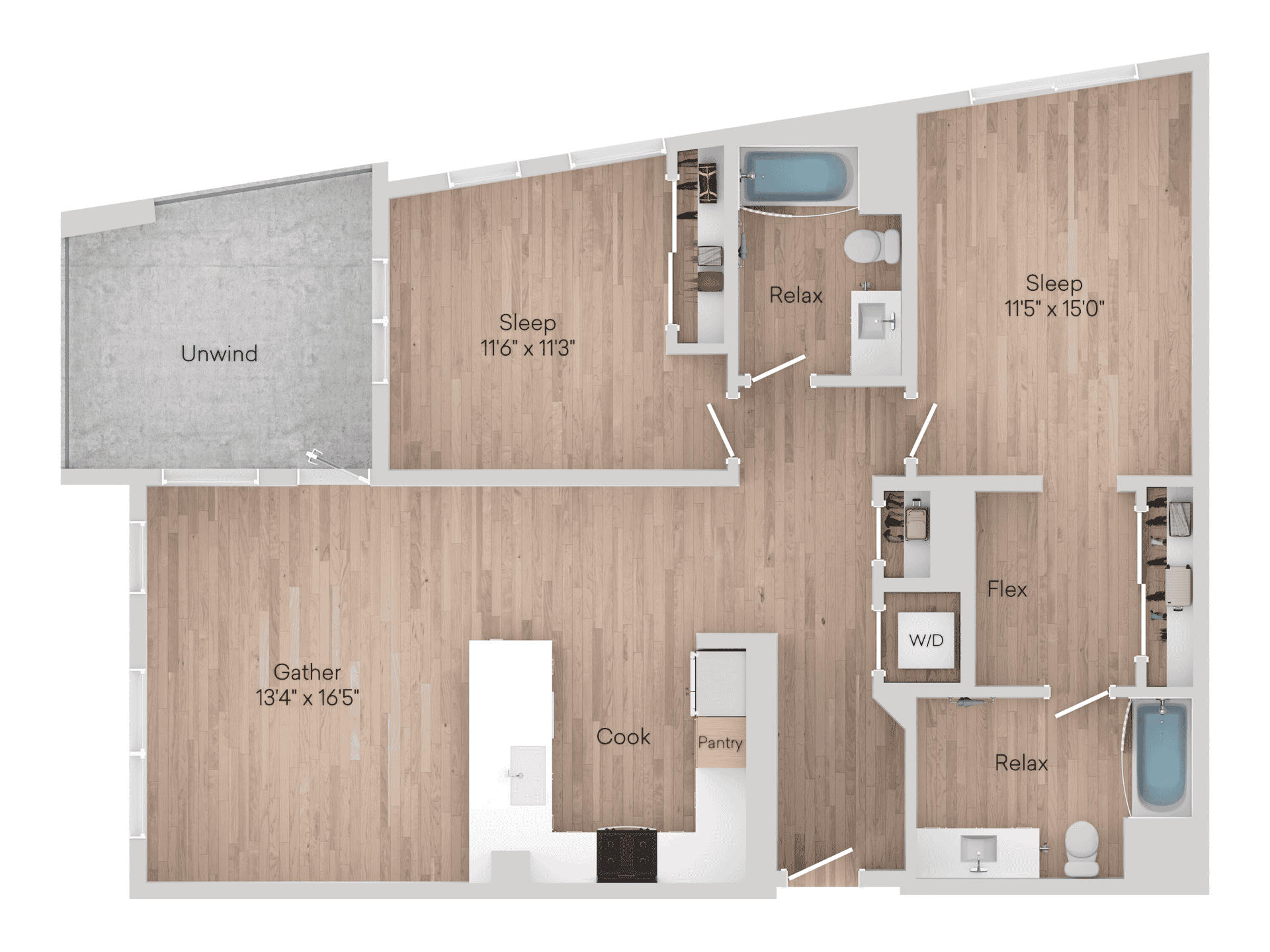 2 Bed 2 Bath Floorplan