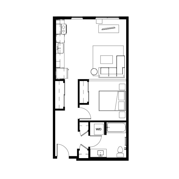 1 bedroom and 1 bathroom floor plan schematic for Nightingale Apartments in Redmond, WA.