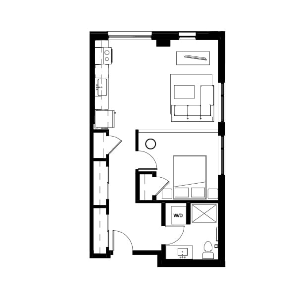 1 bedroom and 1 bathroom floor plan schematic for Nightingale Apartments in Redmond, WA.