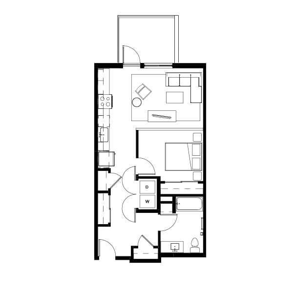 1 bedroom and 1 bathroom floor plan schematic for Nightingale Apartments in Redmond, WA.