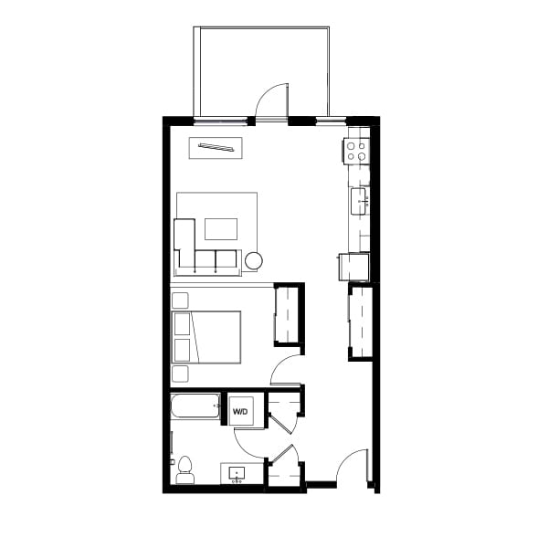 1 bedroom and 1 bathroom floor plan schematic for Nightingale Apartments in Redmond, WA.