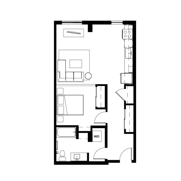 1 bedroom and 1 bathroom floor plan schematic for Nightingale Apartments in Redmond, WA.