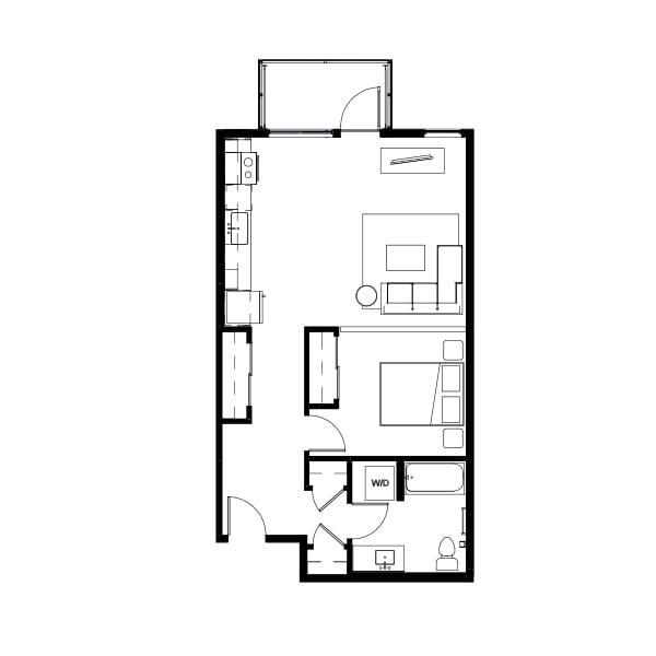1 bedroom and 1 bathroom floor plan schematic for Nightingale Apartments in Redmond, WA.