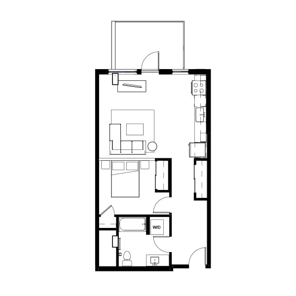 1 bedroom and 1 bathroom floor plan schematic for Nightingale Apartments in Redmond, WA.