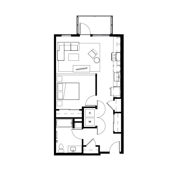 1 bedroom and 1 bathroom floor plan schematic for Nightingale Apartments in Redmond, WA.
