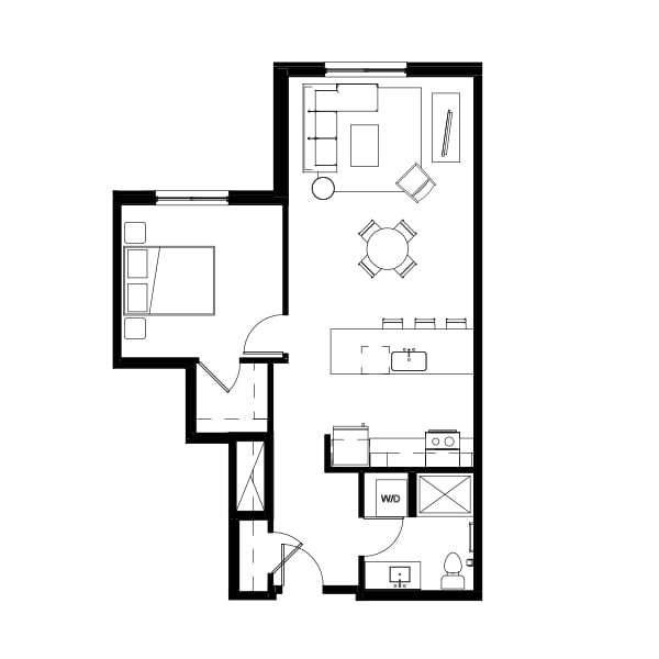 1 bedroom and 1 bathroom floor plan schematic for Nightingale Apartments in Redmond, WA.