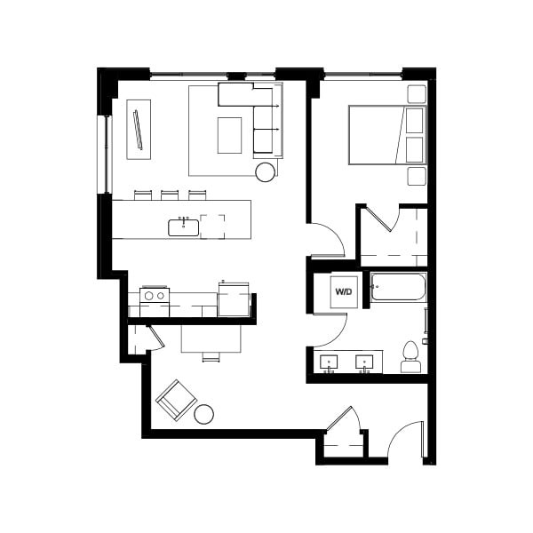 1 bedroom and 1 bathroom floor plan schematic for Nightingale Apartments in Redmond, WA.