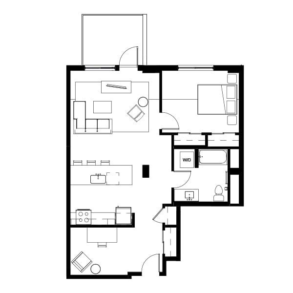 1 bedroom and 1 bathroom floor plan schematic for Nightingale Apartments in Redmond, WA.